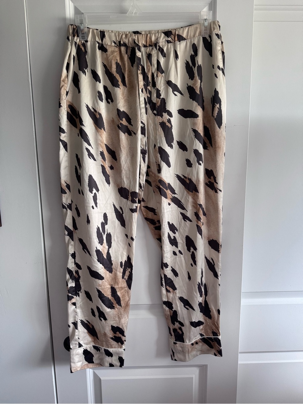 Express Sleepwear Leopard-Pattern Satin Pants in Cream, Black & Brown